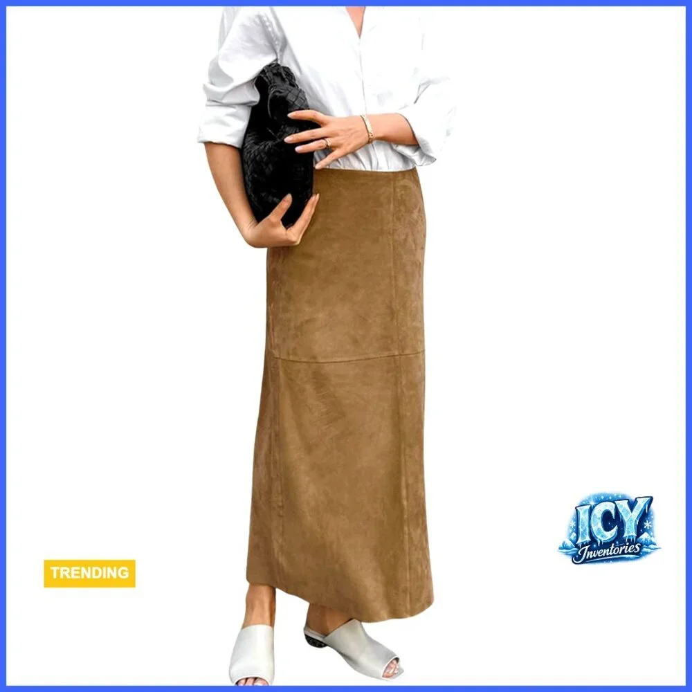 Faux Suede Leather Pencil Maxi Skirt Regular Fit Ankle Length A-Line